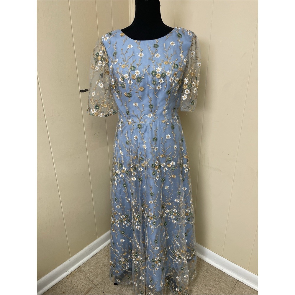 Blue Floral Embroidered Maxi Dress